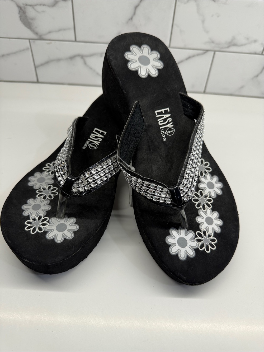 Easy USA Black Rhinestone Wedge Flip Flops